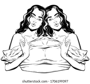 Vector hand drawn illustration of twins isolated.  Creative tattoo artwork. Template for card, poster, banner, print for t-shirt, pin, badge, patch, coloring books.