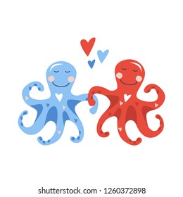 Vector hand drawn illustration of two cute blue little octopuses dancing with red and blue hearts. Valentine card 2019