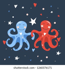 Vector hand drawn illustration of two cute blue little octopuses dancing with red and blue hearts on starry night sky. Valentine card 