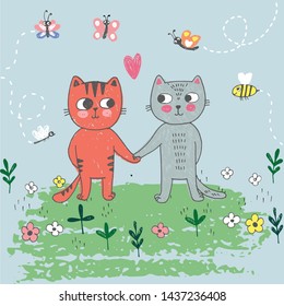 Vector hand drawn illustration of two cats in love, hold hands. Summer day, lovely Valentine's day card drawn with colored crayons and pen. Grey and red kittens in the meadow, park, nature