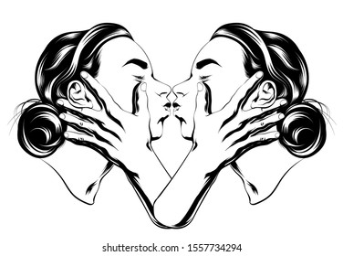 Vector hand drawn illustration of two kissing friends isolated. Creative tattoo artwork. Template for card, poster. banner, print for t-shirt, pin, badge, patch.