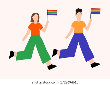 Vector hand drawn illustration. Two people are running and holding a rainbow flag.LGBT Pride Month in June.LGBT flag,rainbow. Love is love concept.Poster, card, banner