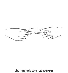 Vector hand drawn Illustration of two hands exchanging credit or business