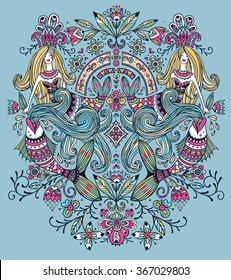 vector hand drawn illustration of two beautiful mermaids, abstract fishes and waves 