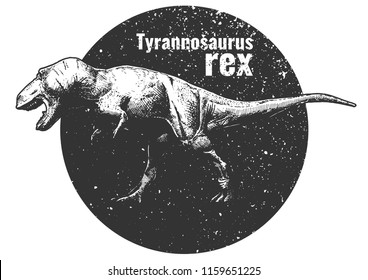 Vector hand drawn illustration of Tyrannosaurus rex inside circle in vintage engraved style. 