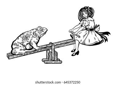 Vector hand drawn  illustration of ugly toad with pretty girl on the swing. Creative artwork. Unusual caricature. Template for card poster banner print for t-shirt.