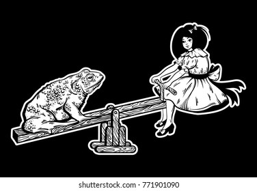 Vector hand drawn  illustration of ugly toad with pretty girl on the swing. Creative artwork. Unusual caricature. Template for card poster banner print for t-shirt.