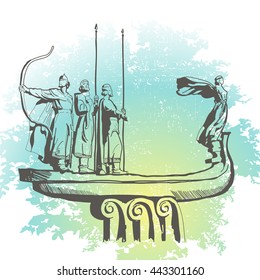 Vector Hand Drawn Illustration. Ukraine, Kiev, Monument to the founders of Kiev. Travel Greeting Card