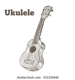 Vector hand drawn illustration of ukulele. Engraving retro vintage style.