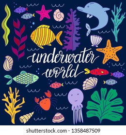 Vector hand drawn illustration of underwater animals and underwater plantings.