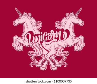 Vector hand drawn illustration of unicorn and handwritten lettering isolated. Tattoo artwork. Template for card, poster, banner, print for t-shirt, label, fashion patch,  pin and badge.