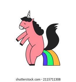 Vector hand drawn illustration with unicorn pooping rainbow. Cute element for sticker, patch or poster. Fun horse drawing.
