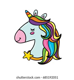 Vector hand drawn illustration of unicorn head with star necklace and rainbow hair isolated on white background