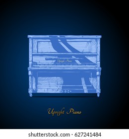 Vector hand drawn illustration of upright piano on dark blue background. front view.