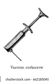 Vector hand drawn illustration of vacuum corkscrew in vintage engraved style on white background.