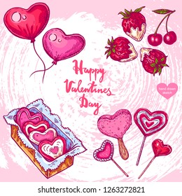 Vector hand drawn illustration of valentine food set - ice cream,lollipop,candy, strawberry, cherry, cookies on background with  paper texture.Valentines heart shaped balloons sketch.Linear art 