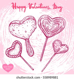 Vector hand drawn illustration of valentine food set-ice cream,lollipop,candy on the background with abstract paper texture.Valentines heart shaped sweets sketch.Linear art in vintage style for design