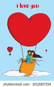 Vector Hand Drawn Illustration for 
Valentine's Day : Two lovers fly in a hot air balloon