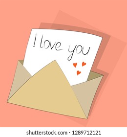 Vector hand drawn illustration. Valentines day card design. Love letter with a text i love you. 
