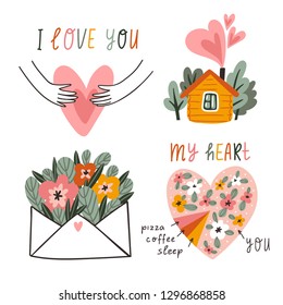 Vector hand drawn illustration. Valentine's day card design. Love messages. Set of valentines.