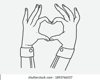 Vector hand drawn illustration for Valentines Day. Hands in heart shape. Sign of love isolated on white background.