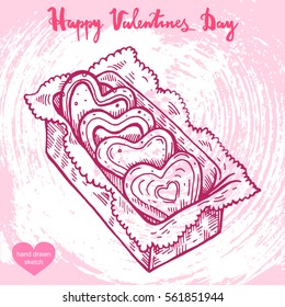 Vector hand drawn illustration of valentines food-cookies in the box on the background with abstract paper texture.Valentines heart shaped sweets sketch.Linear art in vintage style for design.