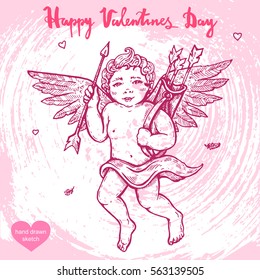 Vector hand drawn illustration of valentines angel - cupid on the background with paper texture.Valentines cute smiling child with wings,arrows,bow, Amur sketch.Linear art in vintage style for design.