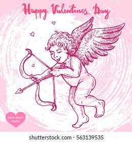 Vector hand drawn illustration of valentines angel - cupid on the background with paper texture.Valentines cute child with wings and bow, Amur sketch.Linear art in vintage style for design.