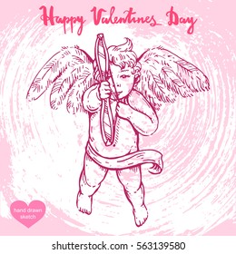 Vector hand drawn illustration of valentines angel - cupid on the background with paper texture.Valentines cute child with wings and bow, Amur sketch.Linear art in vintage style for design.