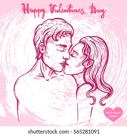 Vector hand drawn illustration of valentines couple on background with paper texture,text Happy Valentines Day.Kissing man and woman.Kissing couple sketch.Linear art in vintage style for design.
