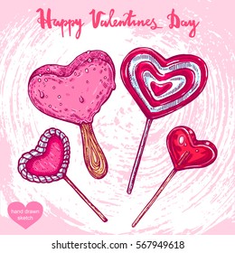 Vector hand drawn illustration of valentines food set - ice cream,lollipop,candy on the background with abstract paper texture.Valentines food sketch.Linear art in vintage style for design.
