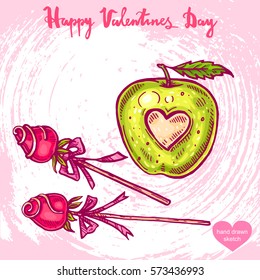 Vector hand drawn illustration of valentines food, apple, strawberry,text Happy Valentines Day on background with paper texture.Valentines dinner - fruit sketch.Linear art in vintage style for design.