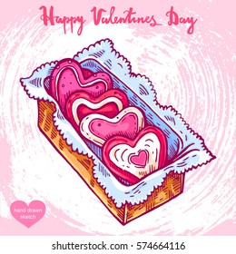 Vector hand drawn illustration of valentines food, cookies in the box, text Happy Valentines Day on background with abstract paper texture. Valentines dinner. Linear art in vintage style for design.