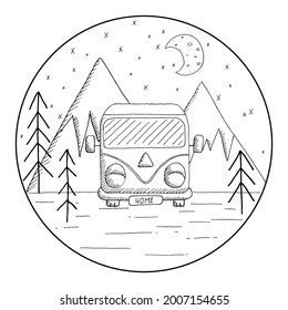 vector hand drawn illustration of a van on the road in black and white