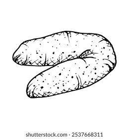 A vector hand drawn illustration of a vanilla crescent shaped cookie with a textured. Monochrome sketch of crumbly, soft pastry, ideal for bakery branding, culinary projects, or food themed designs.