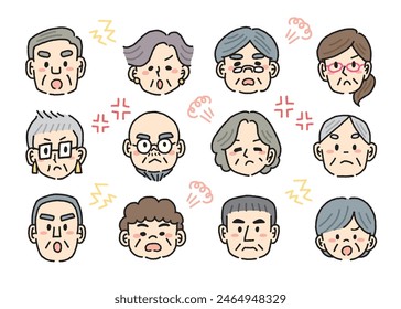 Vector hand drawn illustration of various elderly people with angry icons