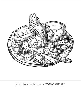 Vector hand drawn illustration of various cheese platter with grapes and sauce