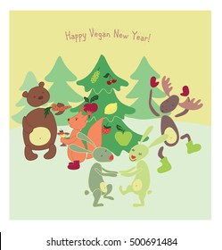 Vector hand drawn illustration. Vegan christmas party. Forest animals.