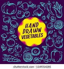 Vector hand drawn illustration - Vegetables, blue stroke.