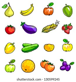 Vector hand drawn illustration of vegetables and fruits in bright colors: bananas, plums, apples, orange, strawberries, paprika, cucumber, potatoes, eggplant, corn etc.