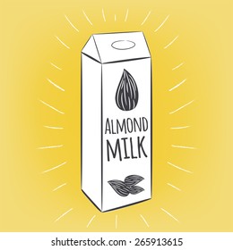 Vector hand drawn illustration. Vegetarian almond milk in carton pack. 