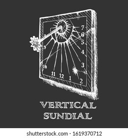 Vector hand drawn illustration of vertical sundial in vintage engraved style. isolated on black background.  