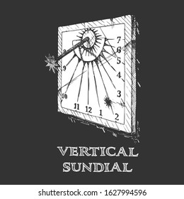 Vector hand drawn illustration of vertical sundial in vintage engraved style. isolated on black background.  