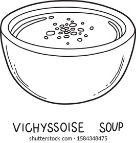 Vector hand drawn illustration of Vichyssoise soup. French cuisine, flat and cartoon style, isolated on white background. For menu, restaurants, cafe, market, print design.