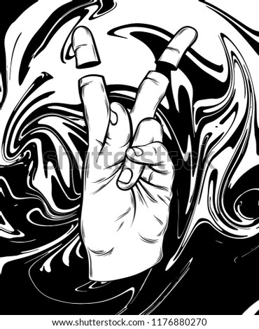 Vector hand drawn illustration of victory hand with liquid texture. Tattoo artwork. Template for card, poster, banner, print for t-shirt, pin, badge, patch.