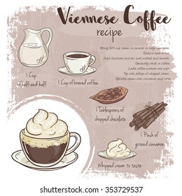 vector hand drawn illustration of viennese coffee recipe with list of ingredients 