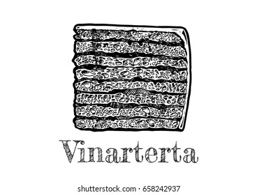 Vector hand drawn illustration of vinarterta (also known as Randalin, striped lady cake, Vienna cake) in vintage engraved style. isolated on white background.