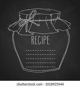 Vector hand drawn illustration with vintage jam jar recipe template. Contour chalk sketch in white over black chalkboard.