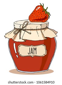 Vector hand drawn illustration with vintage strawberry jam jar with one berry on top, isolated over white.