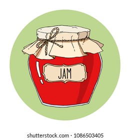 Vector hand drawn illustration with vintage berry jam jar. Colored sketch isolated over white.